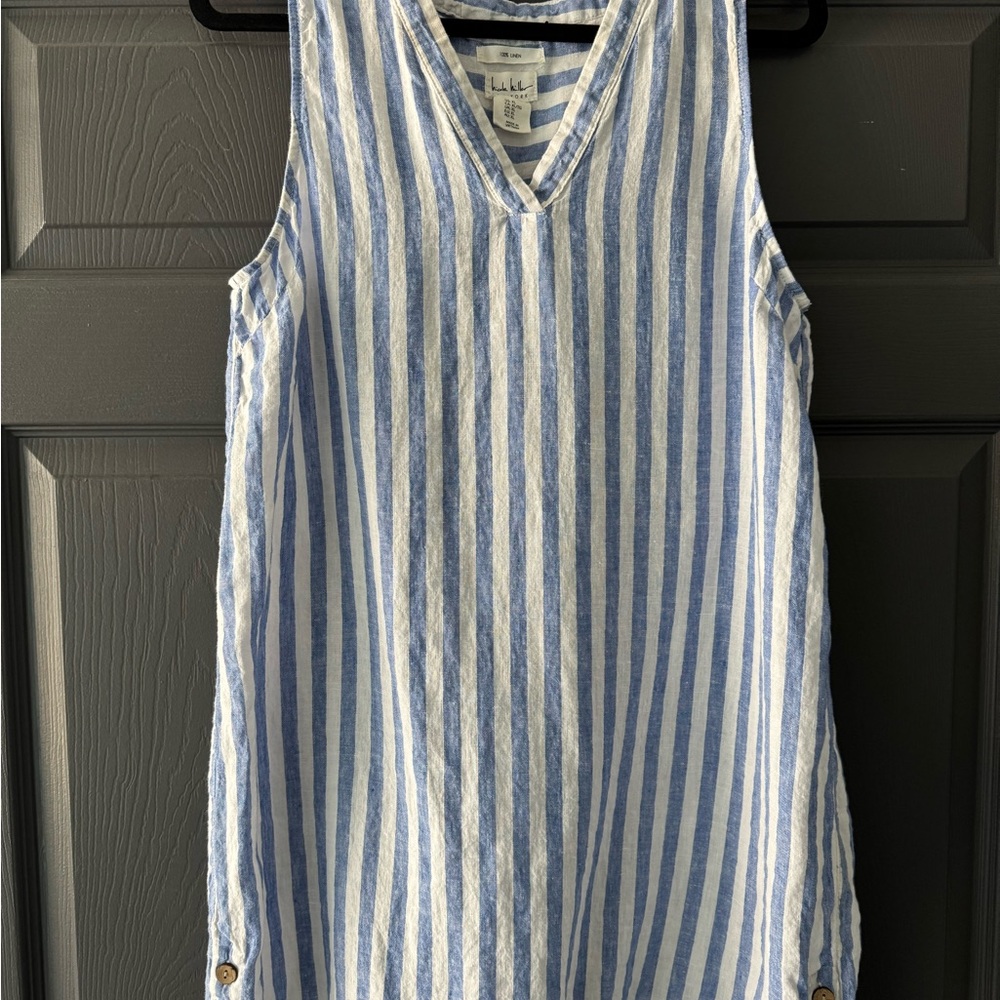 Nicole Miller Blue and White Striped Sleeveless Linen Dress